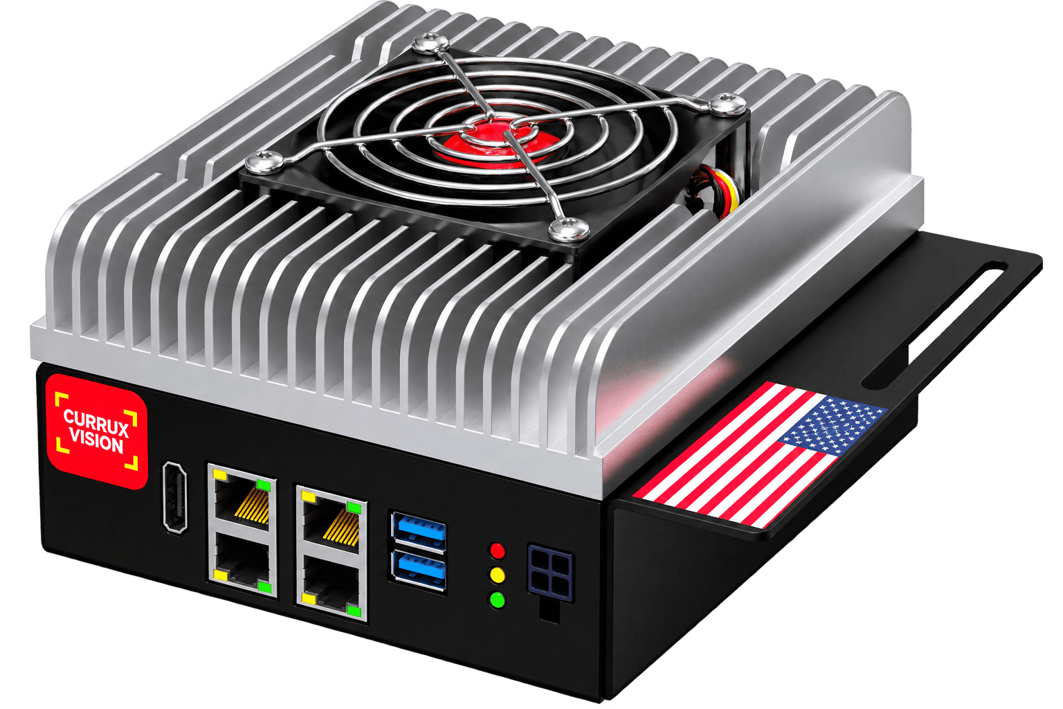 Currux Vision Gen 3 Plus cabinet-ready AI edge server with Ethernet ports and cooling fan